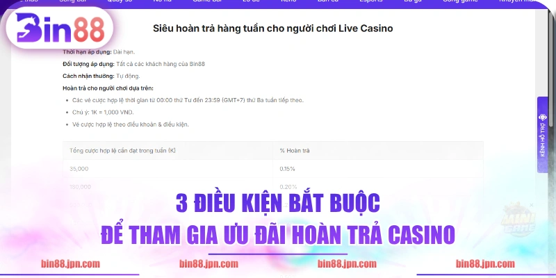 3 điều kiện bắt buộc để tham gia ưu đãi hoàn trả casino